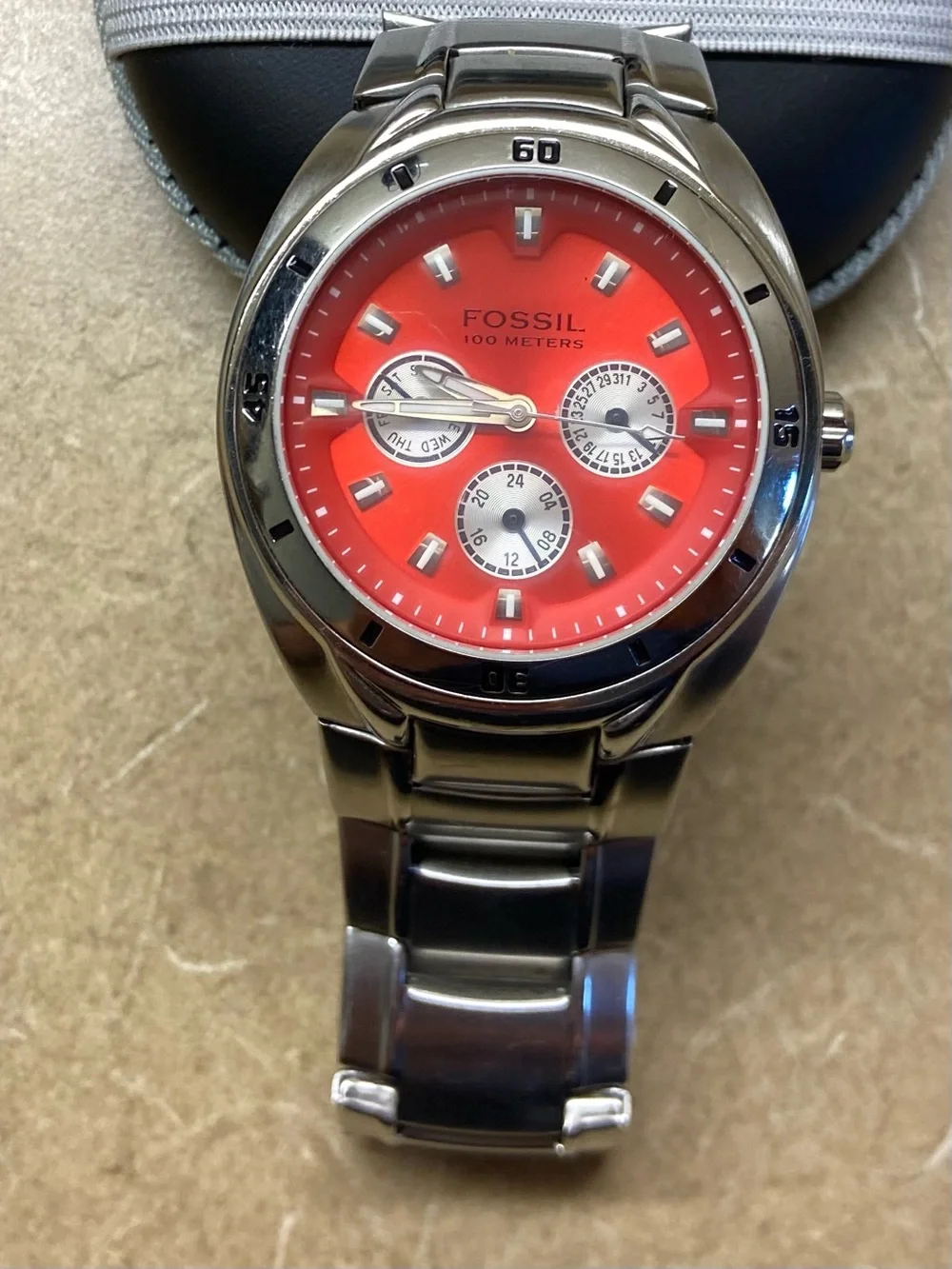 Fossil Silver Stainless Steel Sports Watch with  Red Orange Dial